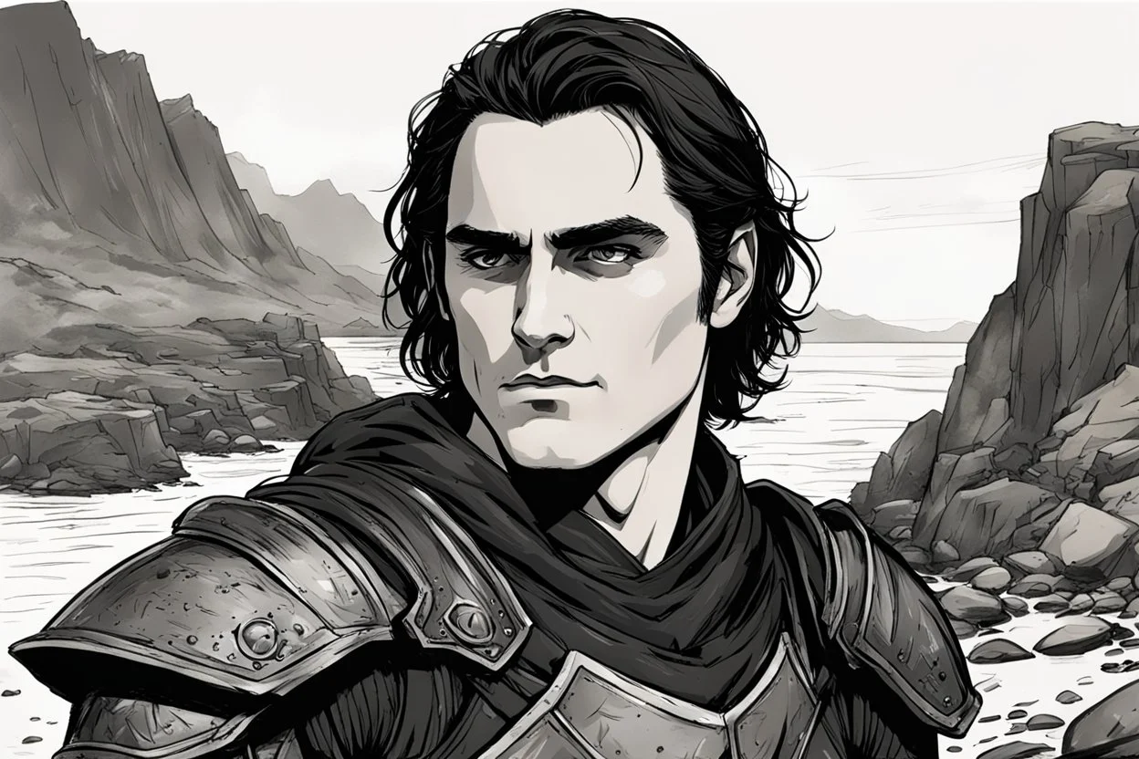 A portrait of Joaquin Phoenix in his early 30s, long beachy haircut, black hair, on a rocky island, in ebony armor from Skyrim, melancholic and dangerous facial expression, half-smiling, drawn in the style of ink manga sketch