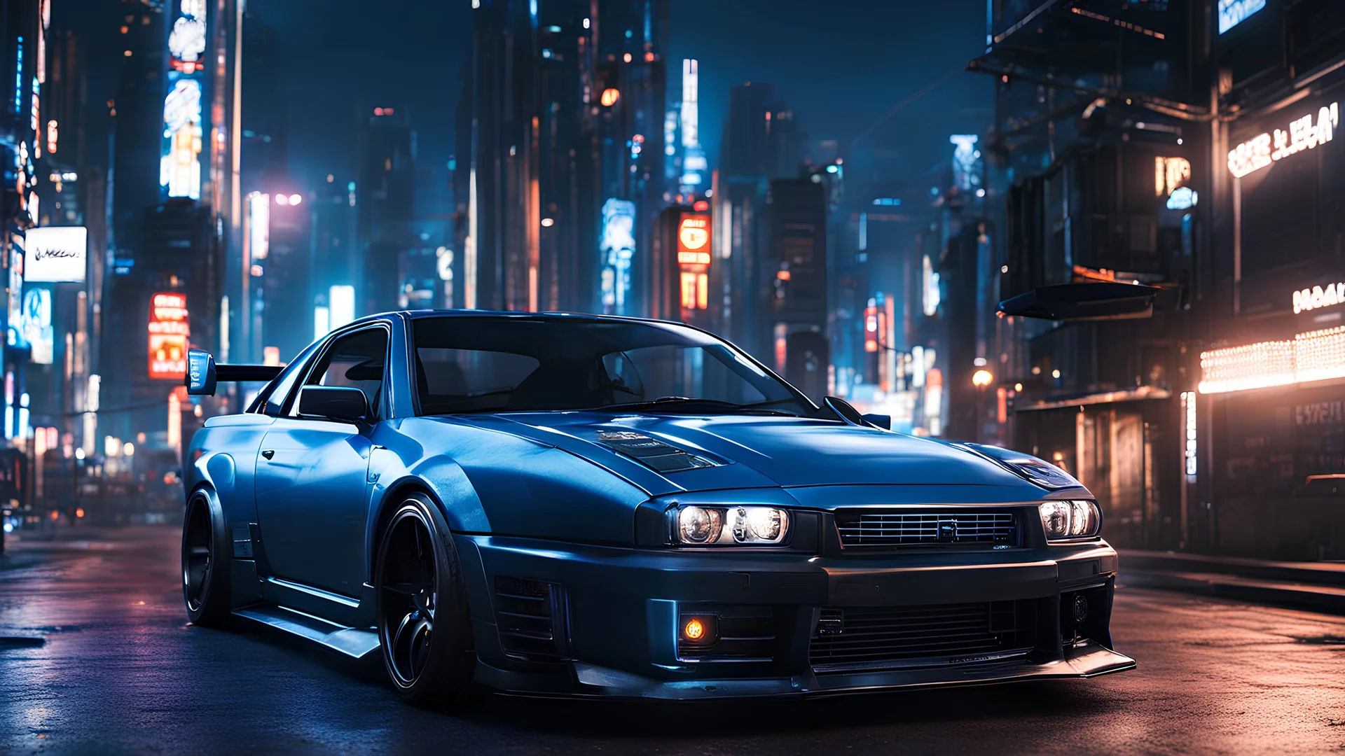 unreal engine, blue cyberpunk city at night, nissan gtr r33, matte black paint