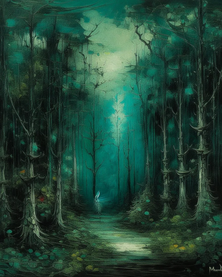 A blackish teal forest with a fairy kingdom painted by Claude Monet