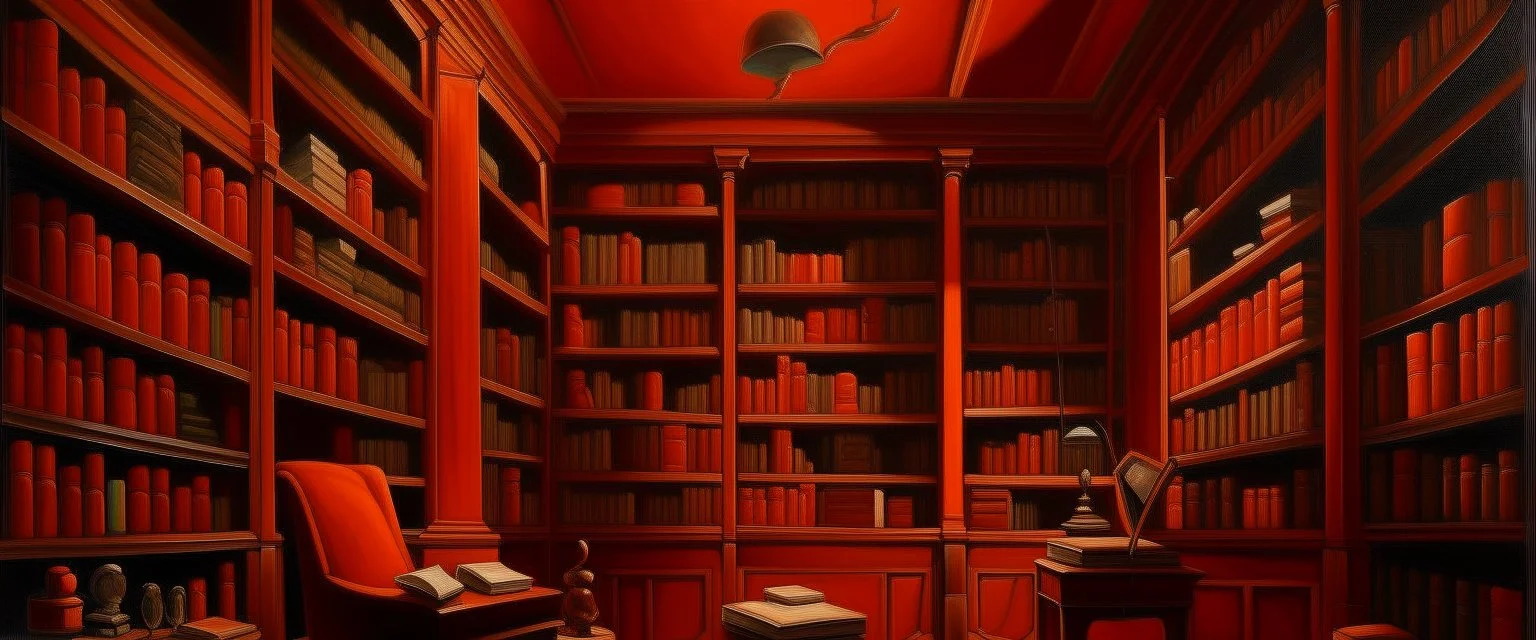 A dark orange library with floating books painted by Thomas Hart Benton