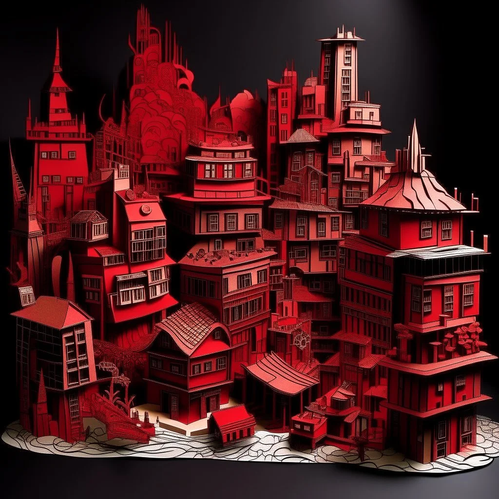 A dark red city with jazz instrument shaped buildings designed in Chinese paper art painted by Katsushika Hokusai