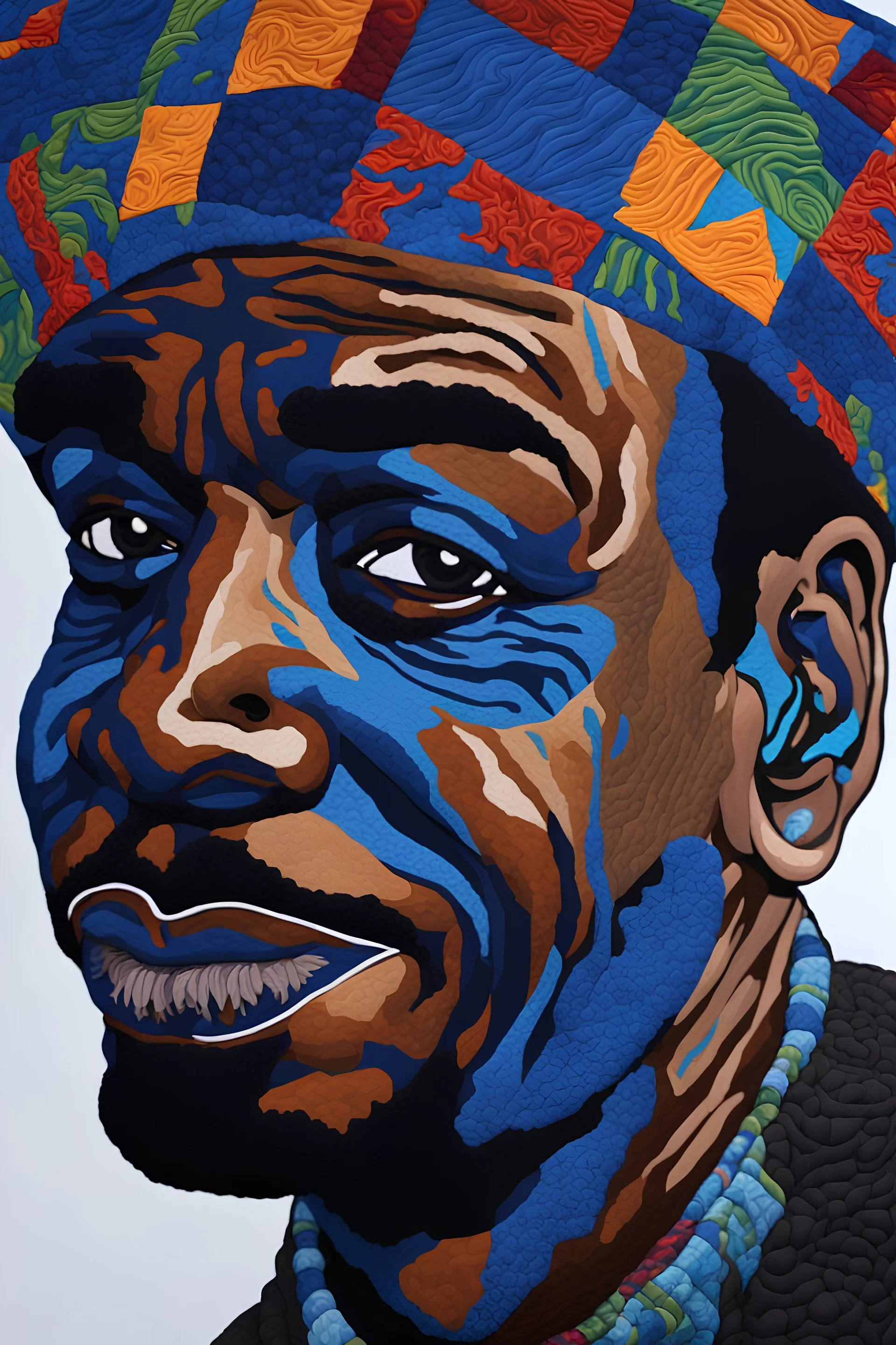 A polychromatic textile portrait, a man with a blue face, quilting, fabrics, by artist "Bisa Butler"