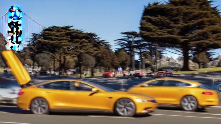 A Tesla's 'Model S Plaid' is racing at top speed, across the 'Golden Gate Park', in San Francisco. CINEMATIC. WIDE ANGLE LENS. PHOTO REAL.