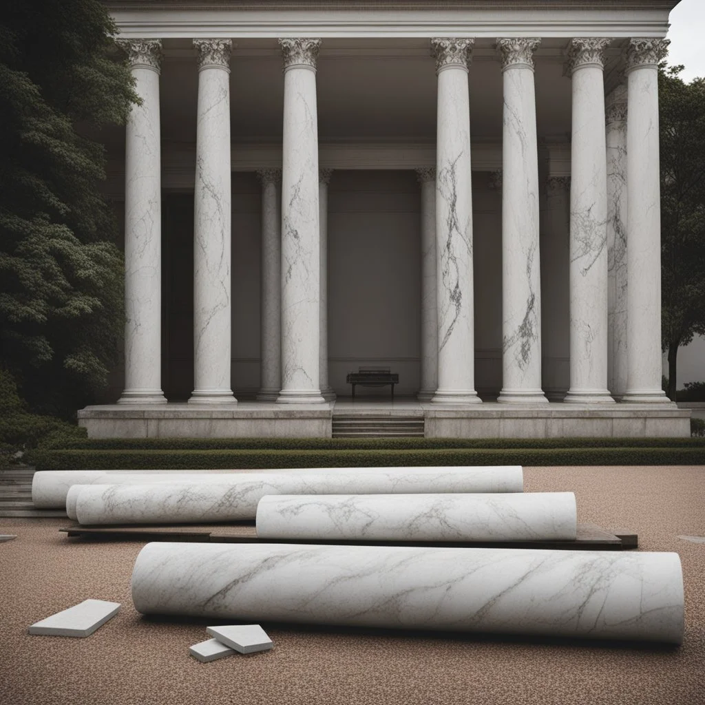 **Cinematic Artwork:** In a museum courtyard, toppled columns lie in repose. Their fractured marble bears witness to ancient quakes. Visitors read inscriptions—tributes to architects who learned from tragedy. The fallen columns become symbols of resilience, urging us to honor the past while building a safer future. **Appearance:** cinematic portraits that encapsulates the essence of disaster management, safety, and resilience, each evoking mesmeric and captivating imagery. These scenes will reso