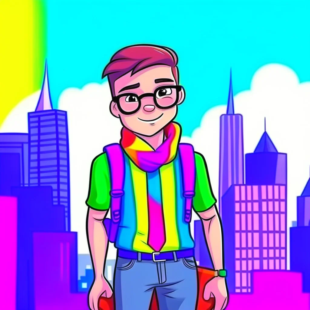 old school cartoon style character gay man wearing pride flag clothing nice background city view facing camera