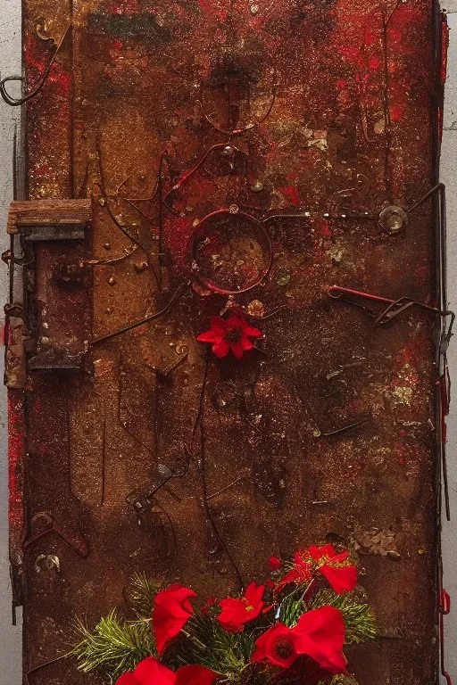 Santa Claus , Merry Christmas XOXOXO, an abstract painting of rusted metal and flowers, futuristic, rust, scaffolding, iron cladding, decay, mixed media, textured, anatomically correct, beautiful perfect face, sharp focus, highly detailed , ghost, wearing high tech mask, white smoke, dark, rage, sorrow, high definition, ultra 8 k, volumetric lighting, blue fire, fog