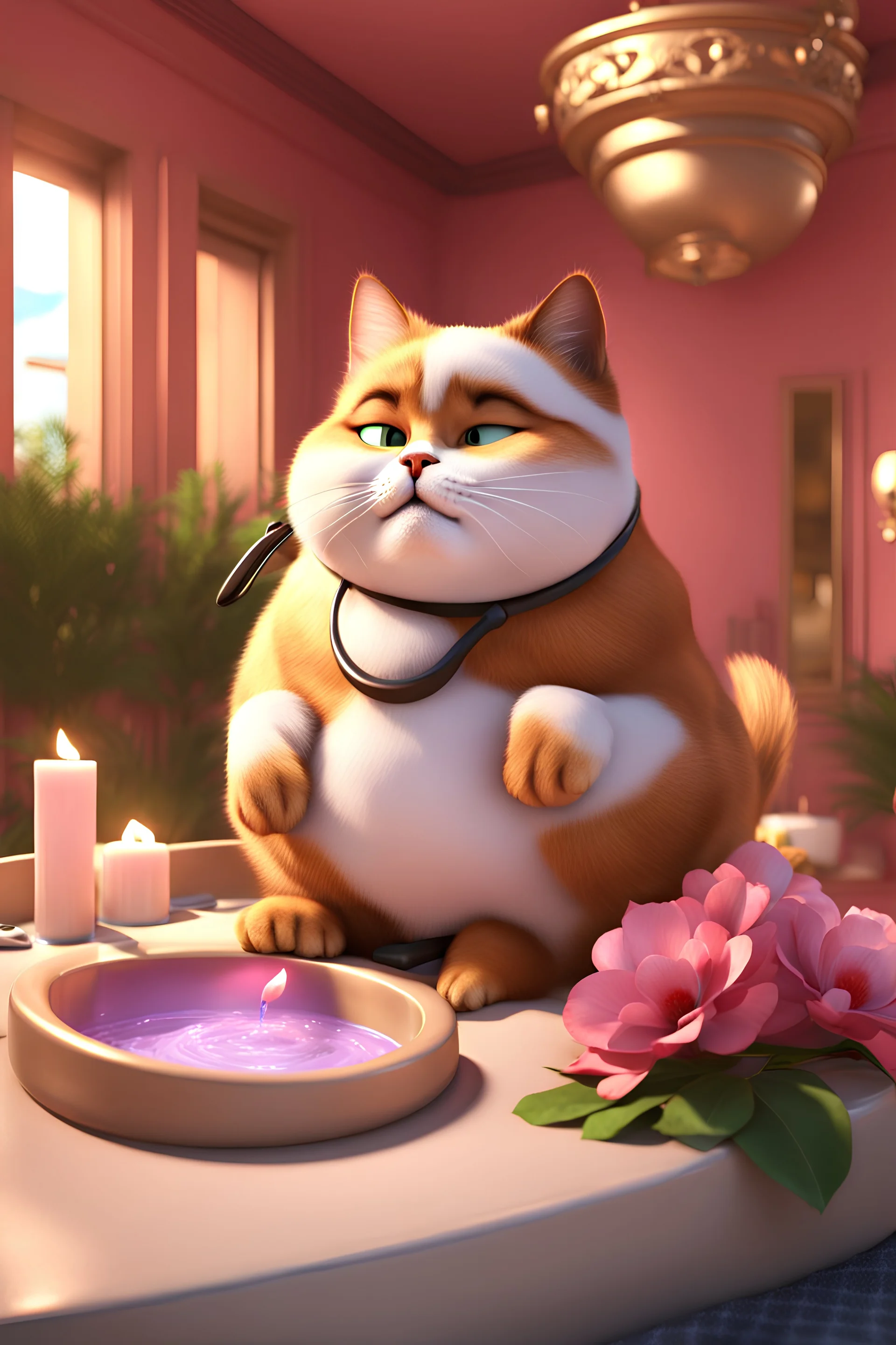 A fat palace cat etting pampered in a spa, 3d animation ,funny