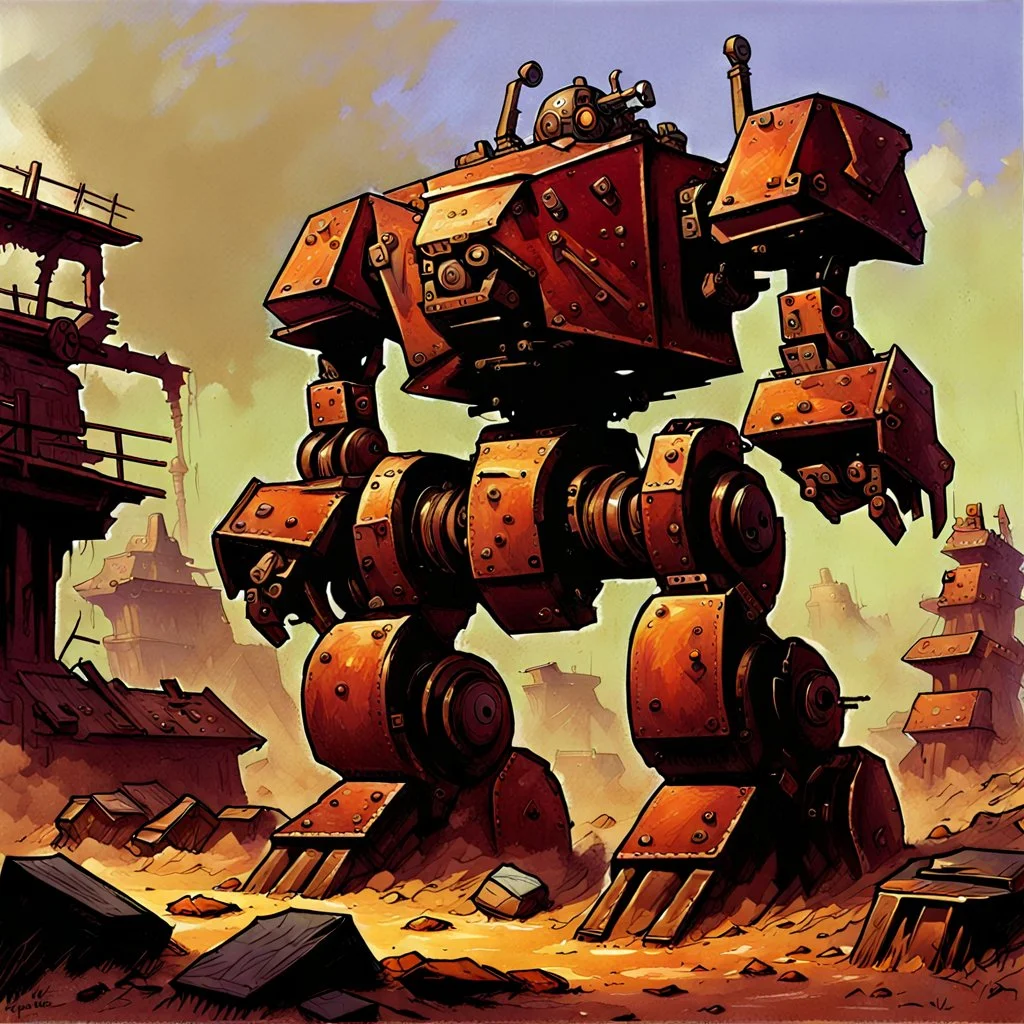 90's fantasy tcg art of a large junk mech in junkyard