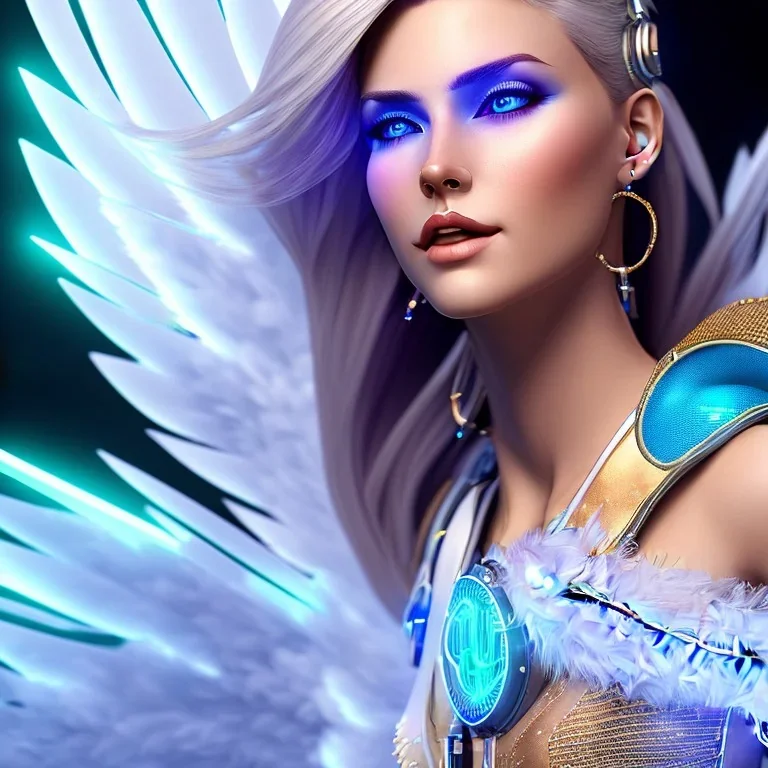 A beautiful portrait of a cute smiling cyberpunk woman with wings, long blond haire, high key lighting, volumetric light high details with white stripes and feathers and blue celtic paterns and luminous glasses in a starry background