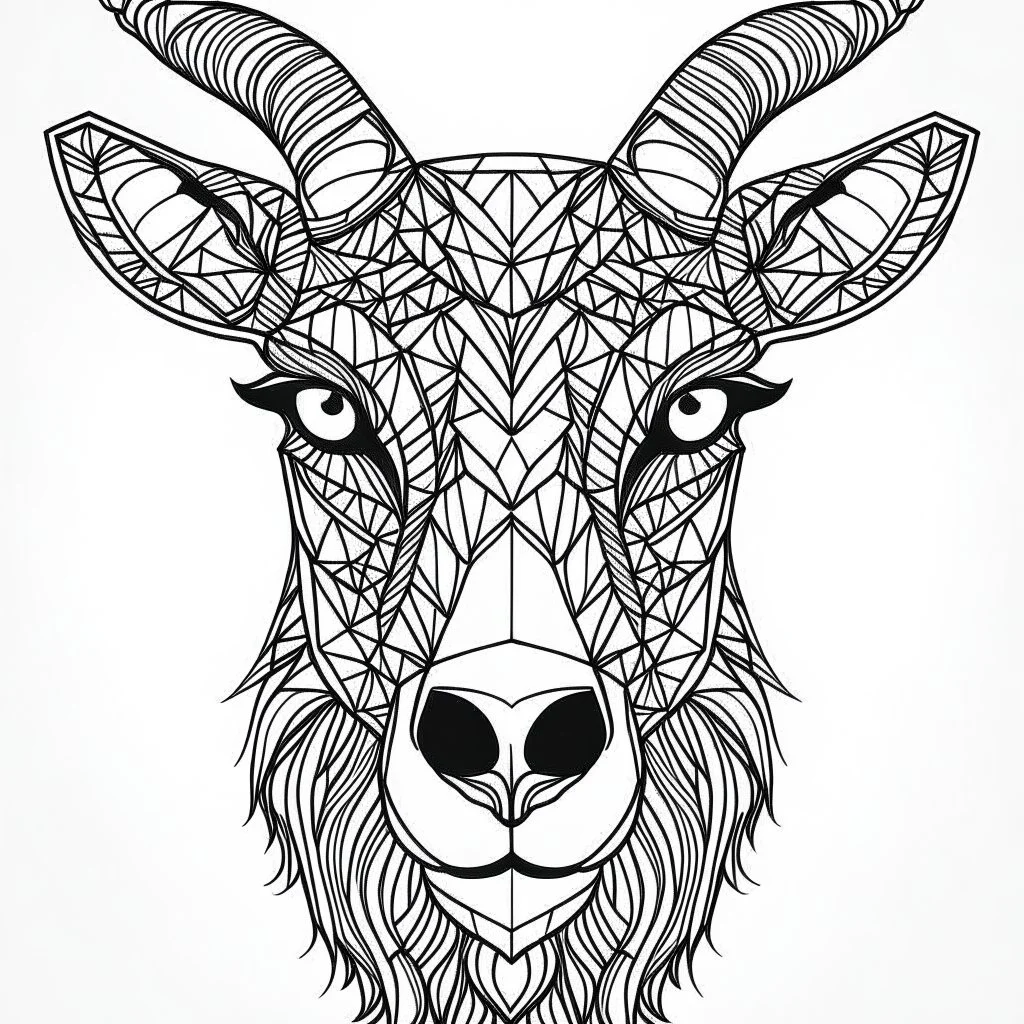 Goat, front view, mandala, minimal lines, cartoon, white back ground color, real style, realistic, minimalistic, minimal black line art, line art, crisp line art, unique coloring sheet, outlined, outline, crisp, crisp line edges, illustration, thin lines, crisp clear lines, line art, clean line art, unique, 8k, amazing, masterpiece, no colors, no dark color, no black color, avoid thick black, minimalistic line edges, pure white back ground, image character full fit to page,