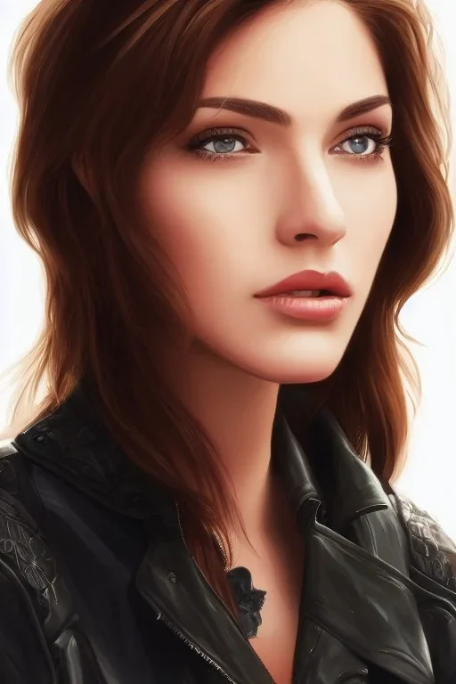 pristine full face portrait of beautiful natural scarlet jonhson, au naturel, sexy, smirking, intricate, elegant, detailed light brown eyes, leather jacket, digital painting, artstation, concept art, smooth, sharp focus, illustration, pivot on face, art by omar ortiz