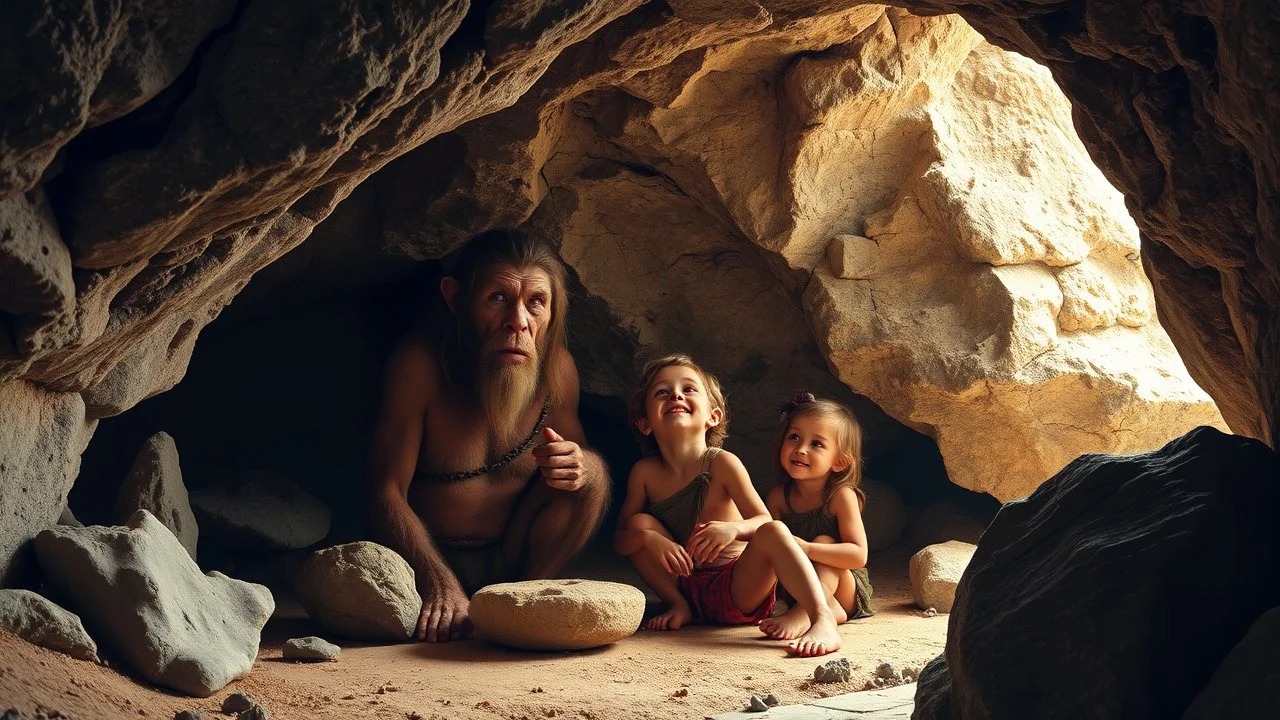 Neanderthal family living in a luxurious cave, stone age technology, happy children, animal skin clothing, colour photograph