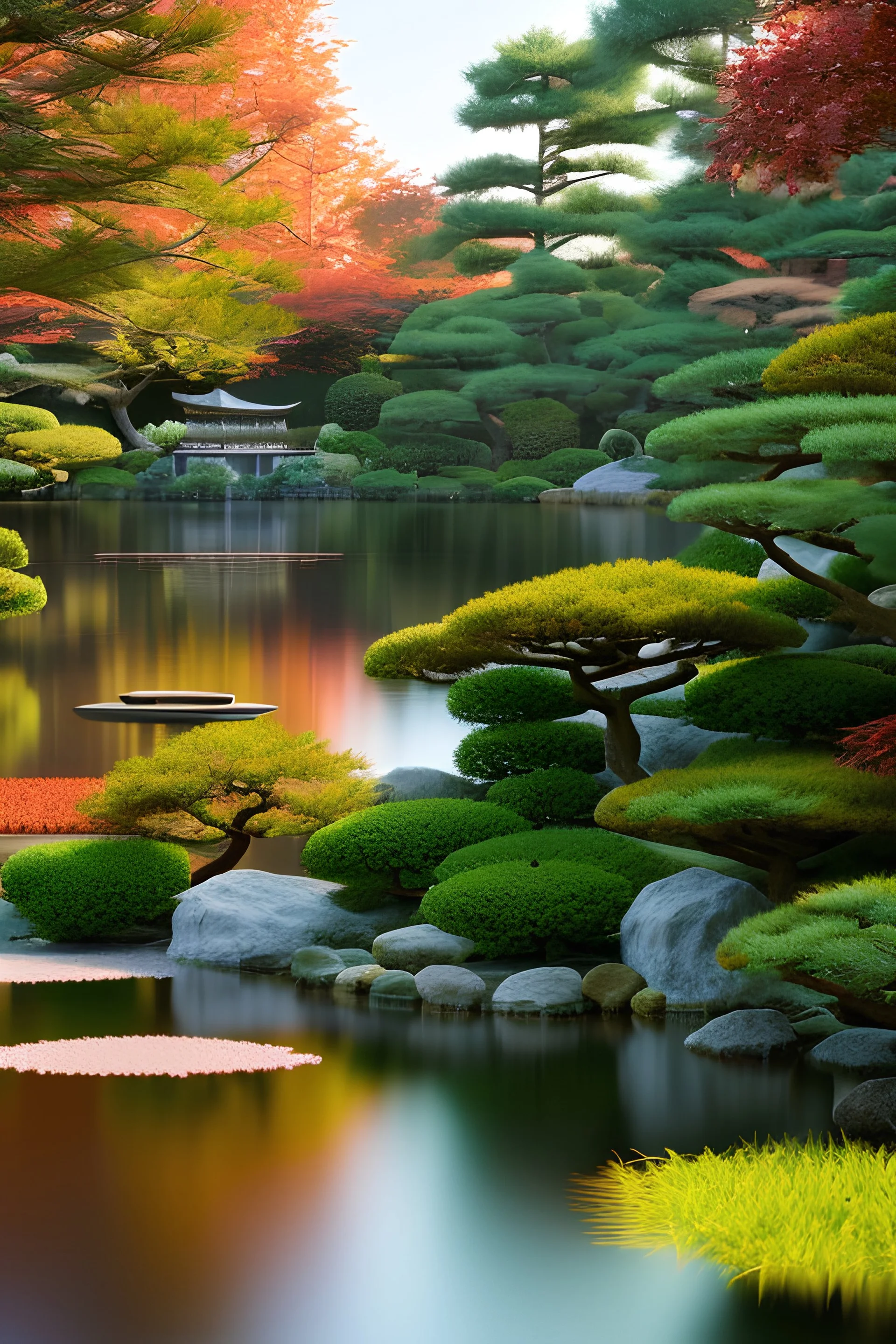 Tranquil Japanese garden in autumn, realistic, photo