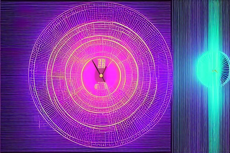 black background, outlines of a holographic clock and a picture in border drawn from thin neon-coloured glowing lines