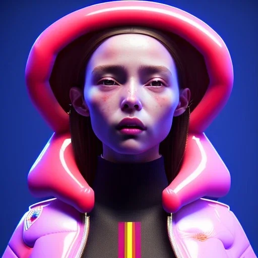 Spanish woman, rounded face, purpurin made up, red, blue, pink, inflatable coat, latex, leather, soft color, highly detailed, art stations, concept art, smooth, unreal engine 5, god rays, ray tracing, RTX, lumen lighting, ultra detail, volumetric lighting, 3d, finely drawn, high definition, high resolution, neon background.