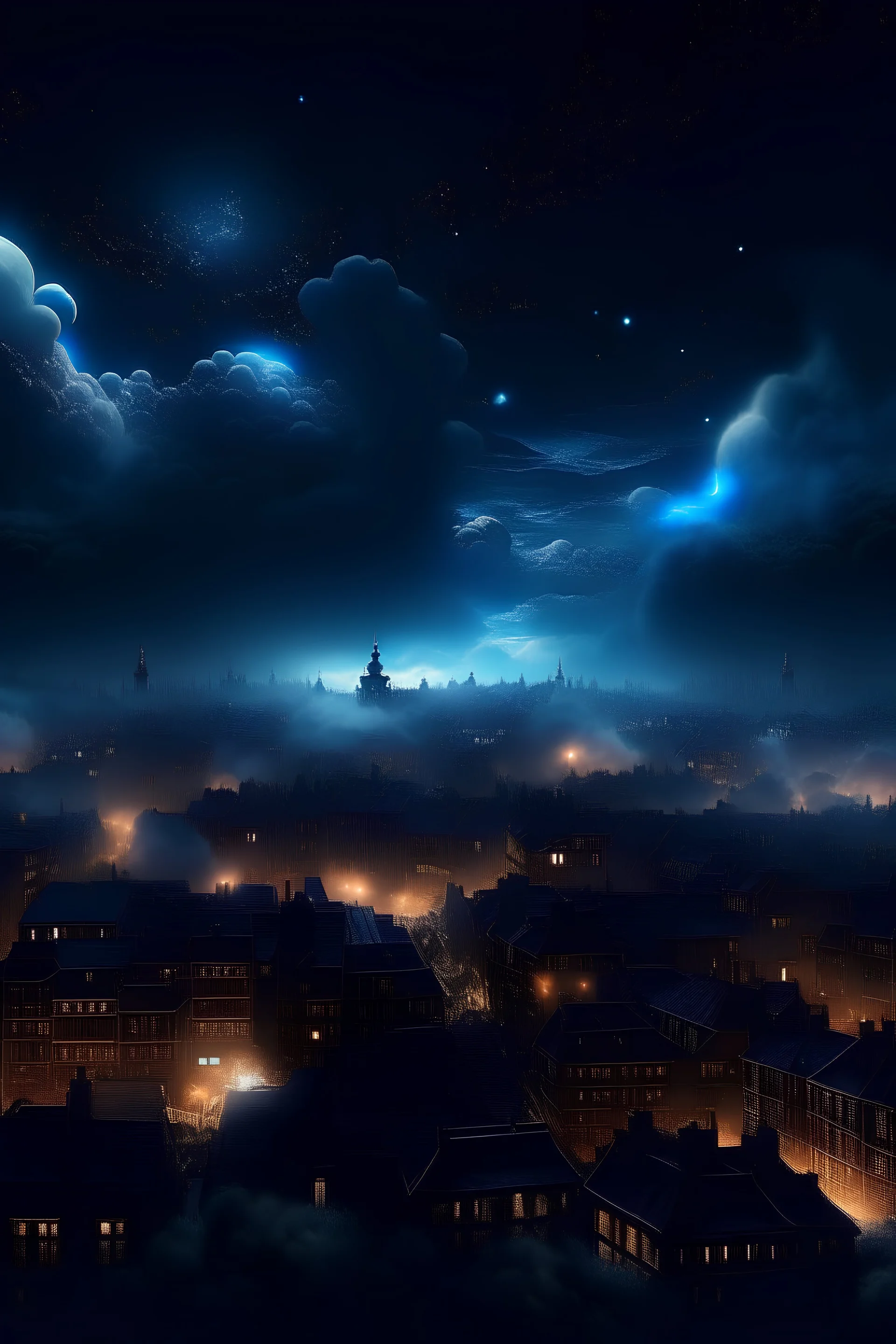 ciudad en la noche al estilo rembrandt con nubes en el cielo y luces tenues color azul