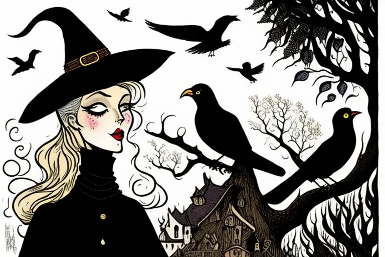 Witch, playing with crows, black cat, perfect iris, ink and pencil, style Hergé