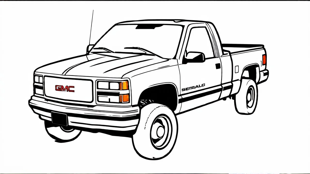 redraw this image of a 1991 GMC sierra 2500 with extended cab, line art with improved quality