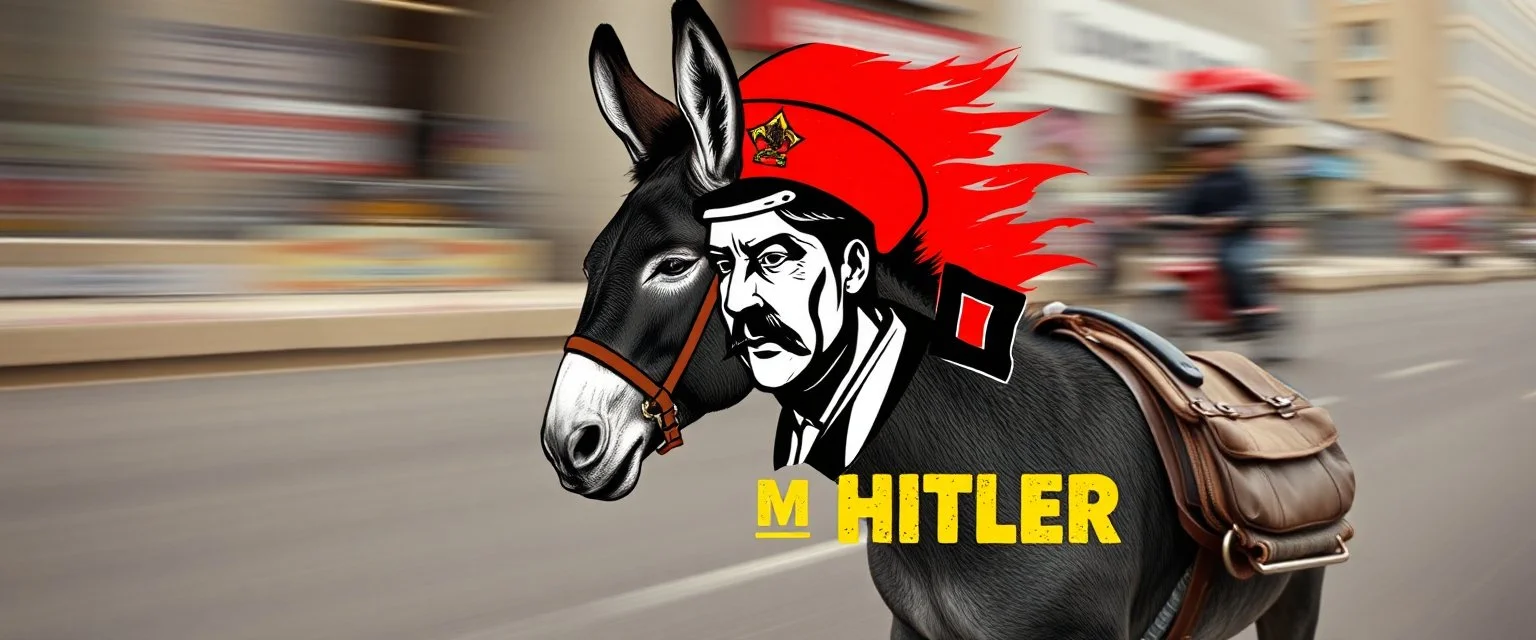 Political propaganda poster for Mexican Hitler on fast donkey, airbrush and pen outline against motion blurred photo background