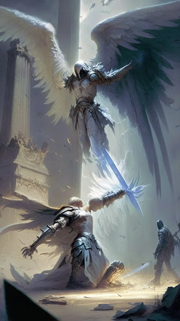 angel reaching a dead paladin, battlefield in the background