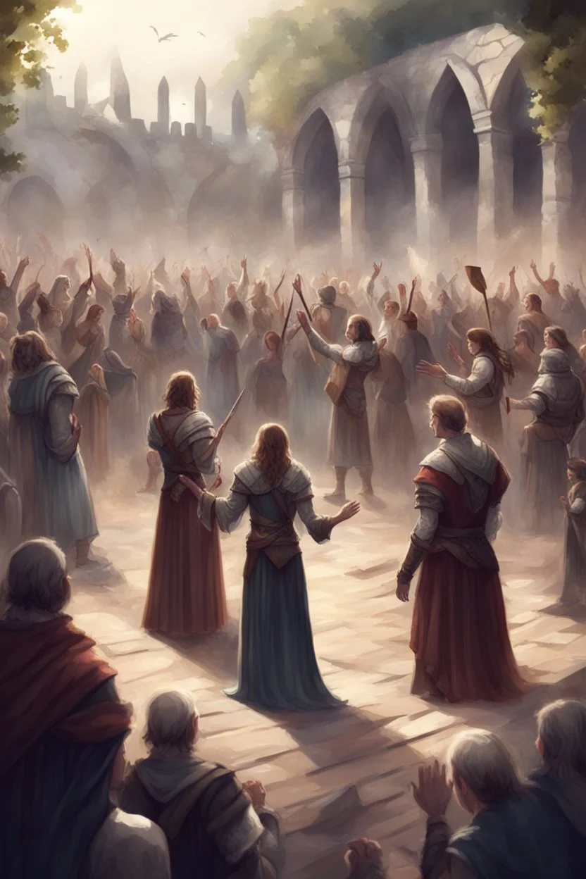 illustration fantasy medieval people applauding in arena outdoors