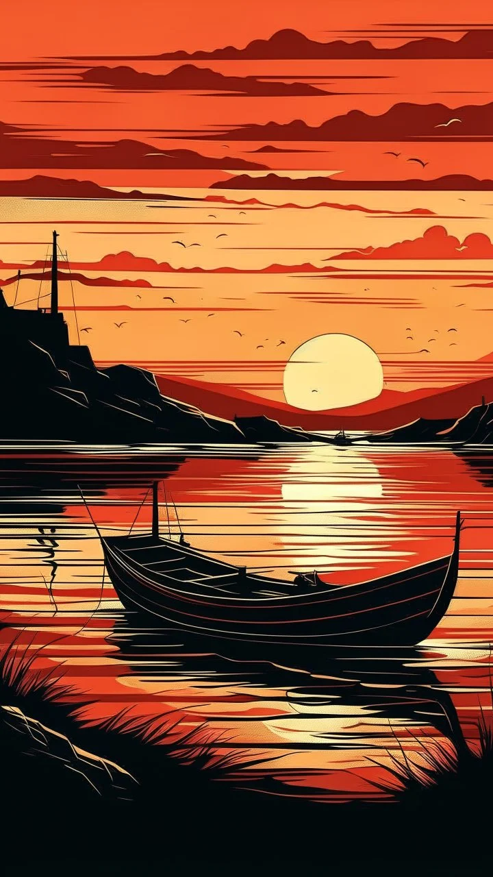 Delve into the tranquility of a coastal landscape art, featuring a fishing boat at a lake during sunset. The flat background style and darkly romantic illustration, in hues of dark amber and red, evoke a sense of serene beauty.