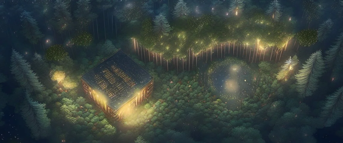 Realistic top view that warm, a huge library in forest with fireflies around trees that have wide leaves and broad trunked