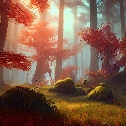 dynamic lighting, Intricately detailed, Splash screen art, deep color, Unreal Engine, volumetric lighting, red forest,