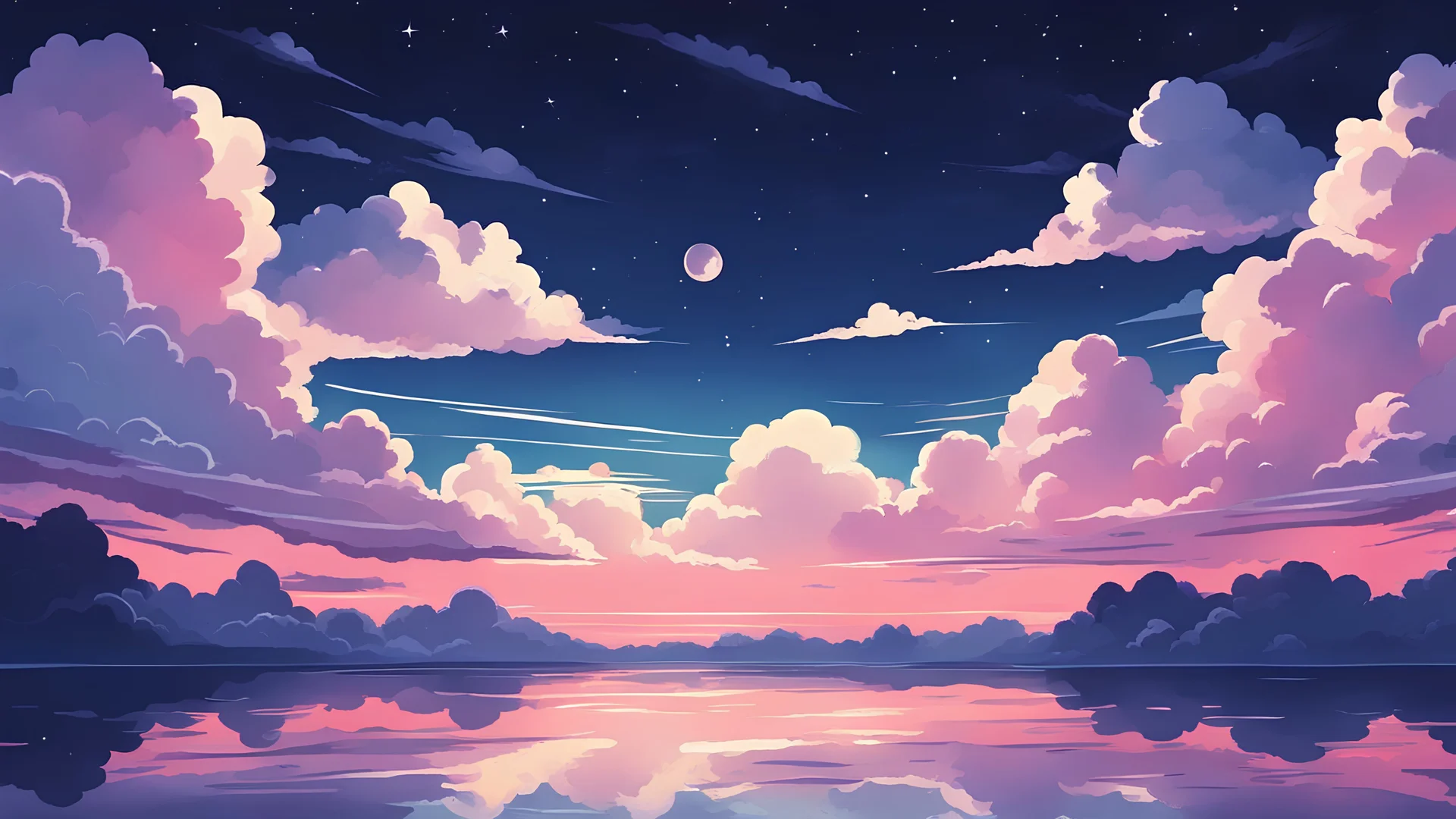 Cute and aesthetic anime clouds at night, 90s, cartoon, lofi