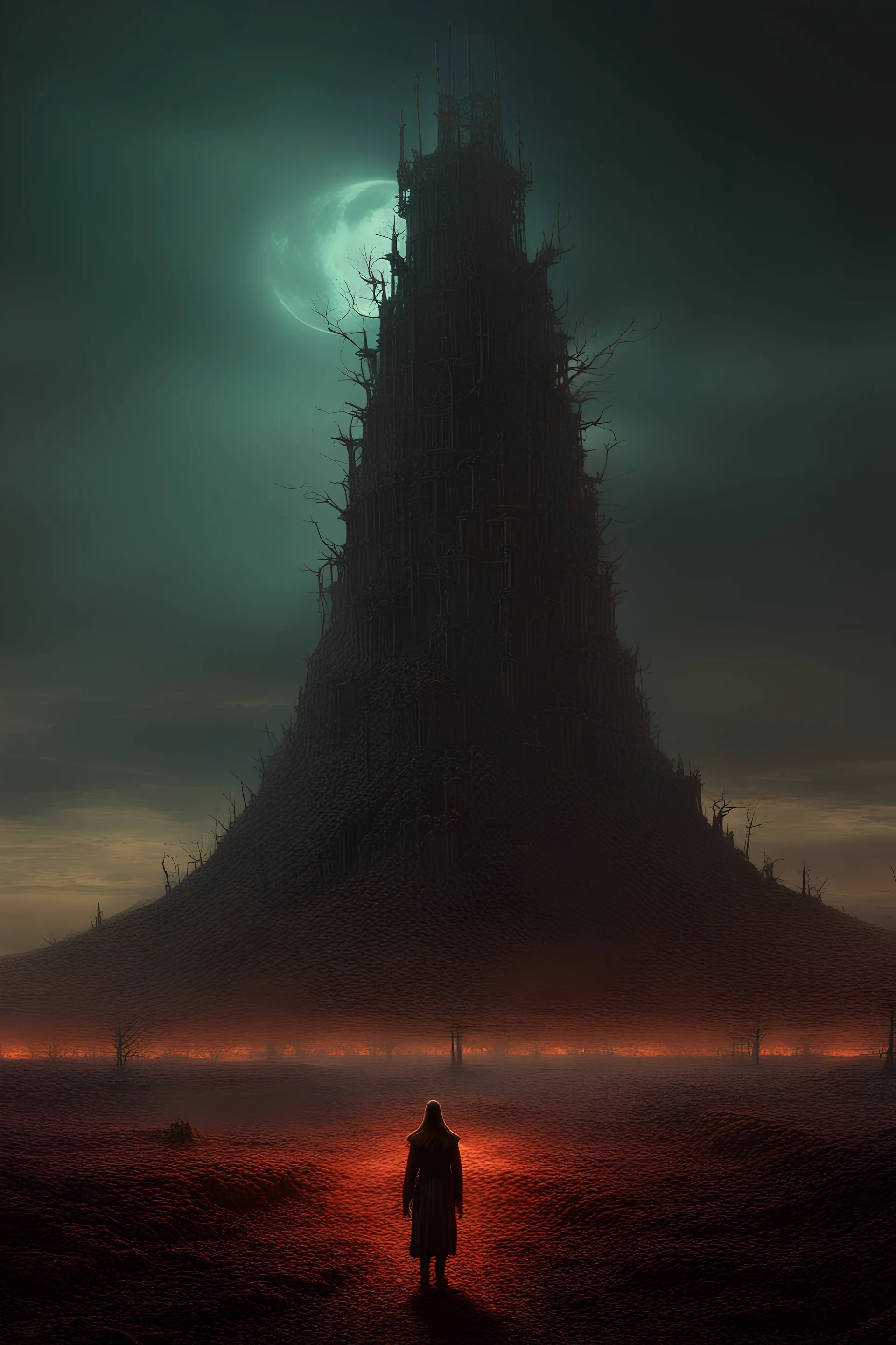 A spire of bones reaching out in the sky, ominously illuminated, ghost flying in the sky, toxic wasteland setting,highly detailed, HD, 4k quality, cinematic lighting, in the style of Zvidslav Beksinski