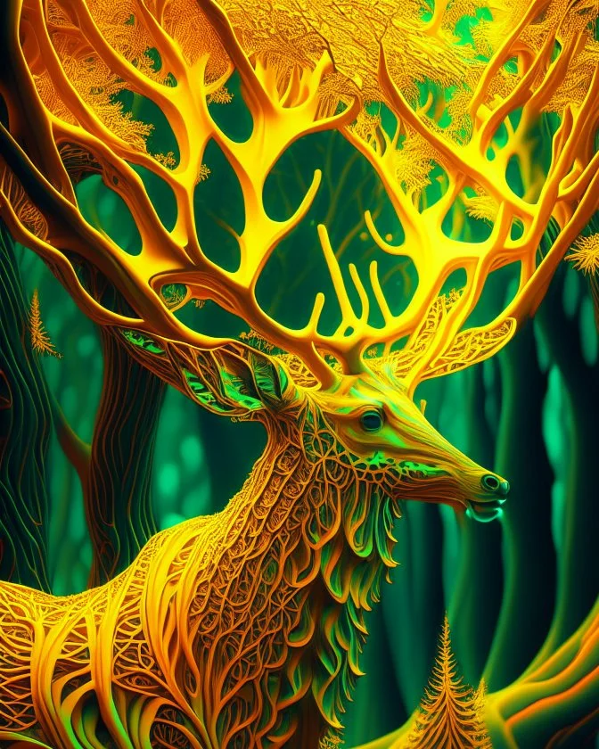 Green trees forest fractal art hyper-detailed intricate shocking artwork yellow deer cream orange 8k