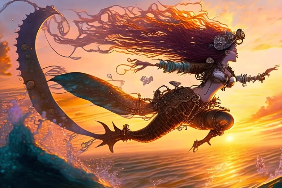 the most Beautiful steampunk Mermaid, jumping out of the Ocean at sunset