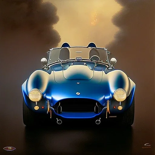 hyperrealism Drawing of 'Dark Blue AC Shelby Cobra 427' three quarter frontal aerial view, by gaston bussiere, greg rutkowski, yoji shinkawa, yoshitaka amano, tsutomu nihei, donato giancola, tim hildebrandt,oil on canvas, cinematic composition,Sharp detail,extreme detail,fit full head inside picture,16k