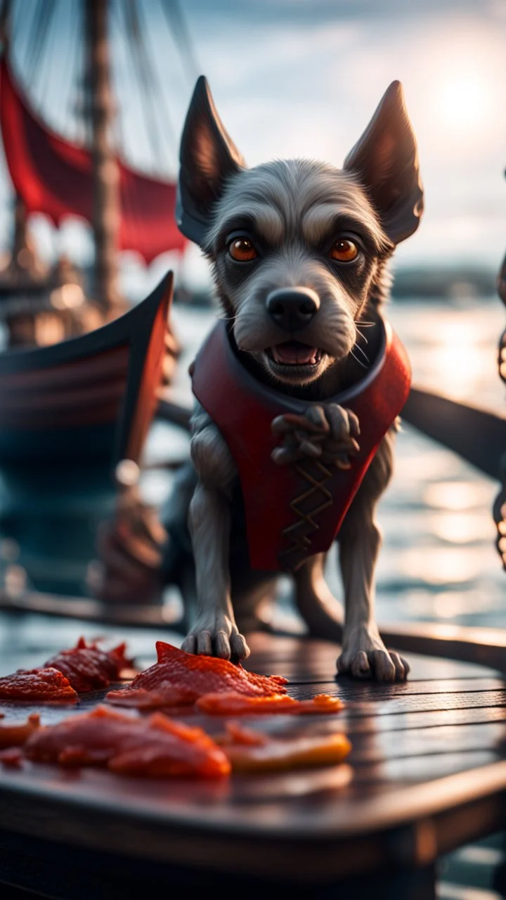 portrait of a vampire humanoid dog sucking the blood of fish on a viking ship, on a glass pier ,bokeh like f/0.8, tilt-shift lens 8k, high detail, smooth render, down-light, unreal engine, prize winning