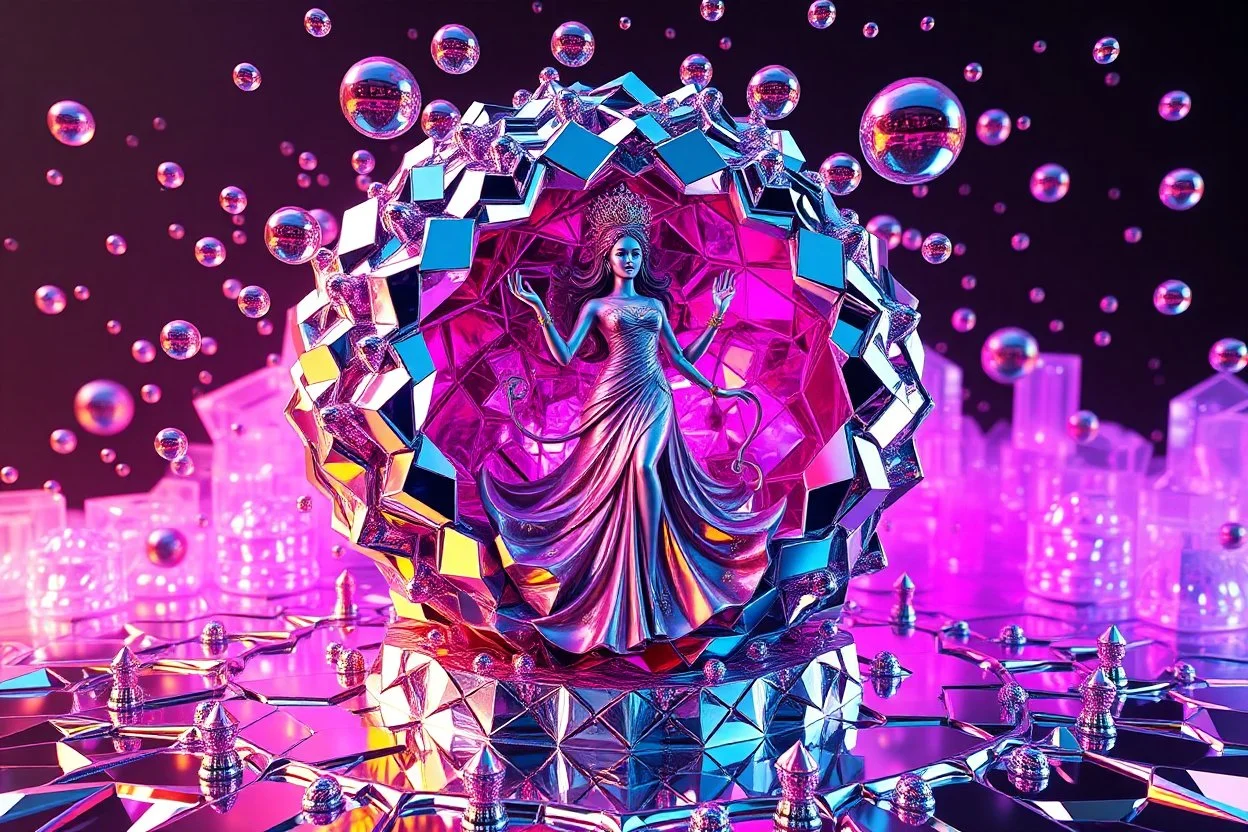very complex 3d structure ,pretty viberating color environment 3d metalic and crystal recursive evolving and animating beveled geometric base very complex CIFY structure emiting bubbles that broke, goddess of love in a pretty modern dress comes out dancing fast hip hop, viberating color moving very in modern city escap environment while camera tracking it.write in down screen 3d animating"Made in Qwen By:J.Babakan"
