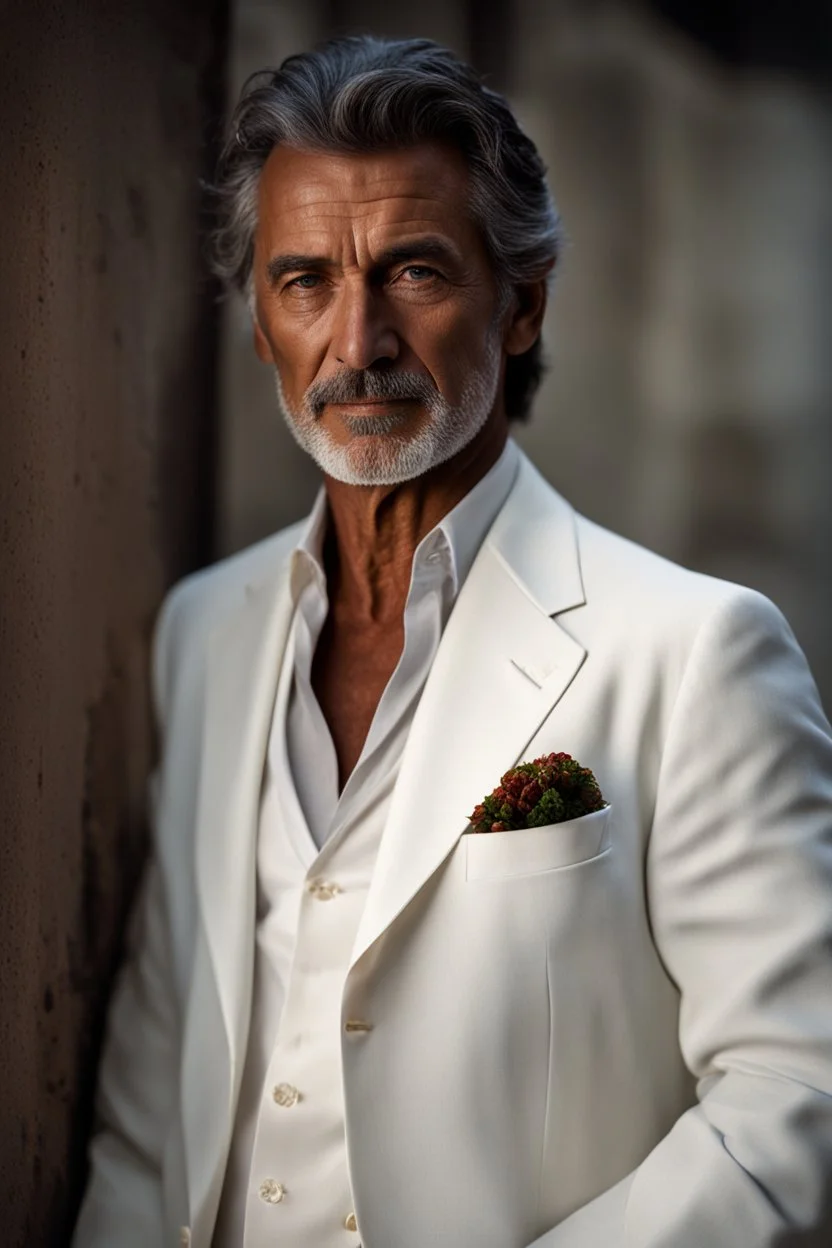 Portrait of a handsome older italian gentleman wearing crisp white linen suit, and an open necked shirt. His dark hair is peppered with grey, his neatly trimmed beard is dark and peppered with grey