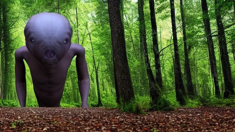 giant humanoid alien emerging from the forest into the plain