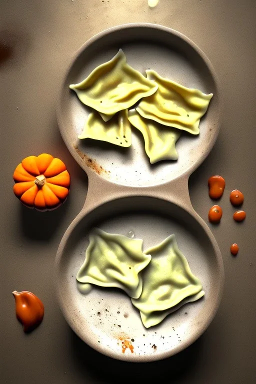 Cooking photo of wet Raviolis with truffle and pumpkin flying, minimal, olive oil, moisture, art, natural, ornaments, ceramic, marble, high kitchen, smooth, unreal engine 5, ray tracing, RTX, lumen lighting, ultra detail, volumetric lighting, 3d.