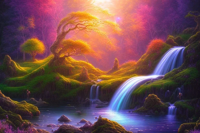 island waterfall bubble spring sunset rainbow old trees