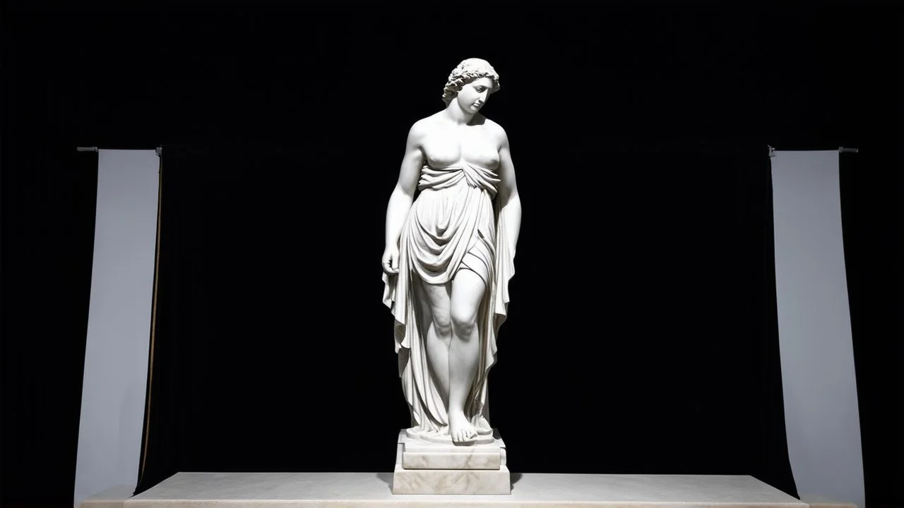 A white marble statue of a draped figure against a black velvet backdrop, illuminated by a single, dramatic spotlight.