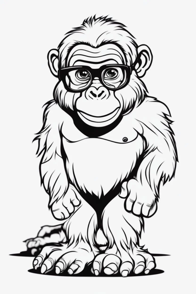 Outline art for cute coloring pages with gorilla with glasses, full body, white background, sketch style, only use outline, clean line art, no shadows and clear and well outlined.