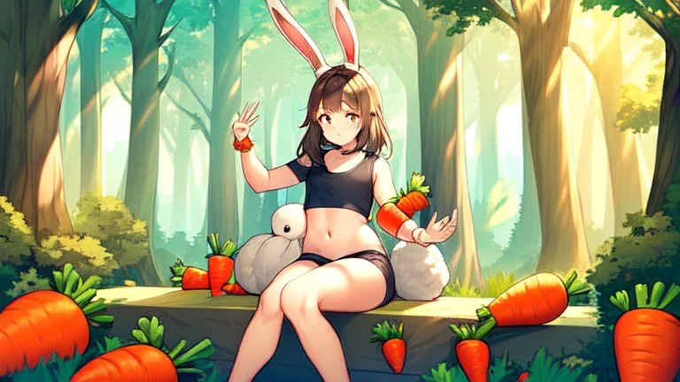 Girl, brown rabbit ears , brown rabbit tail, brown hair, open navel, forest, morning, carrot in hand, sit, , paws in feet.