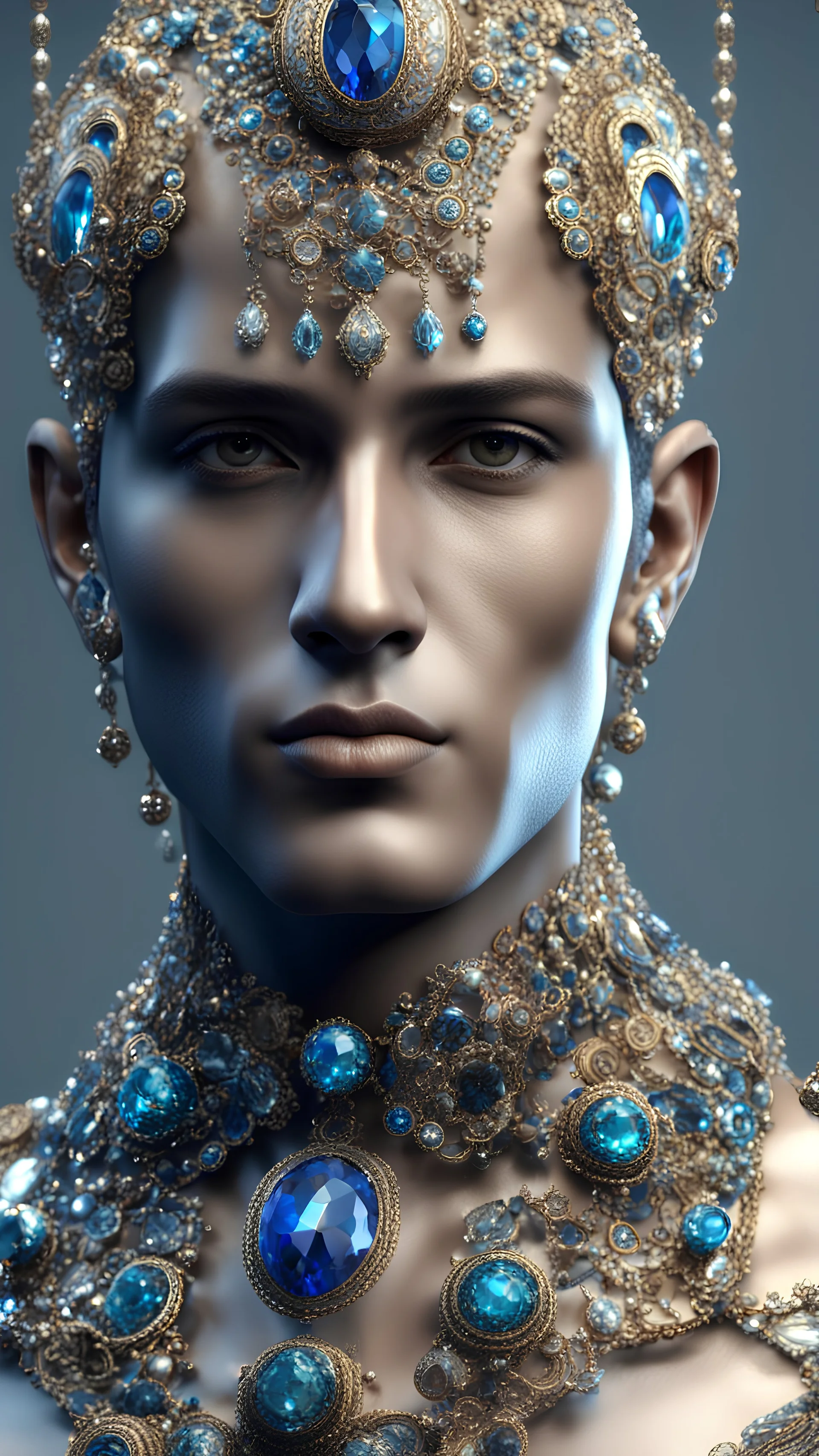 AI 3d photo realistic image of young man, handsome, shiny hard eyes, shiny large baubles, ornate, large gemstones, molten metalics, high definition, high res, octane render, 64k, 3d