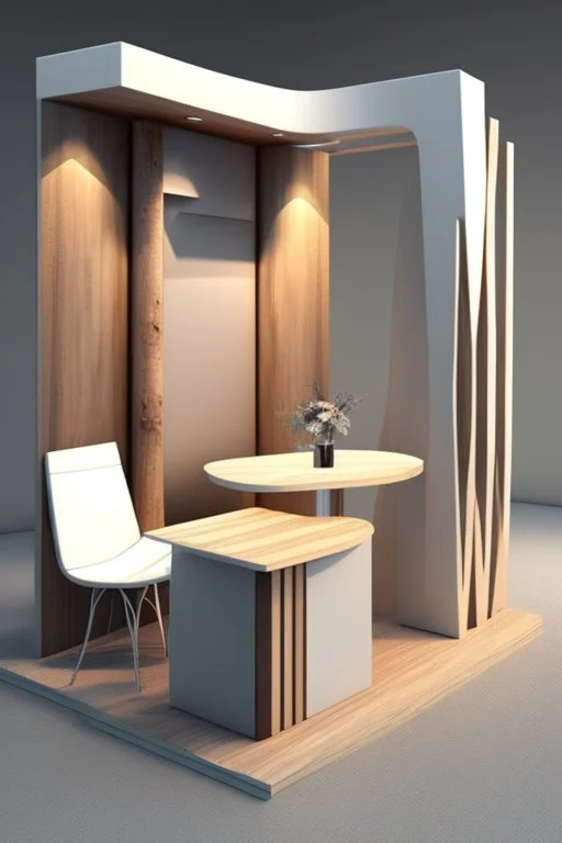 Corner exhibition stand in light colors with wood elements with two meeting areas