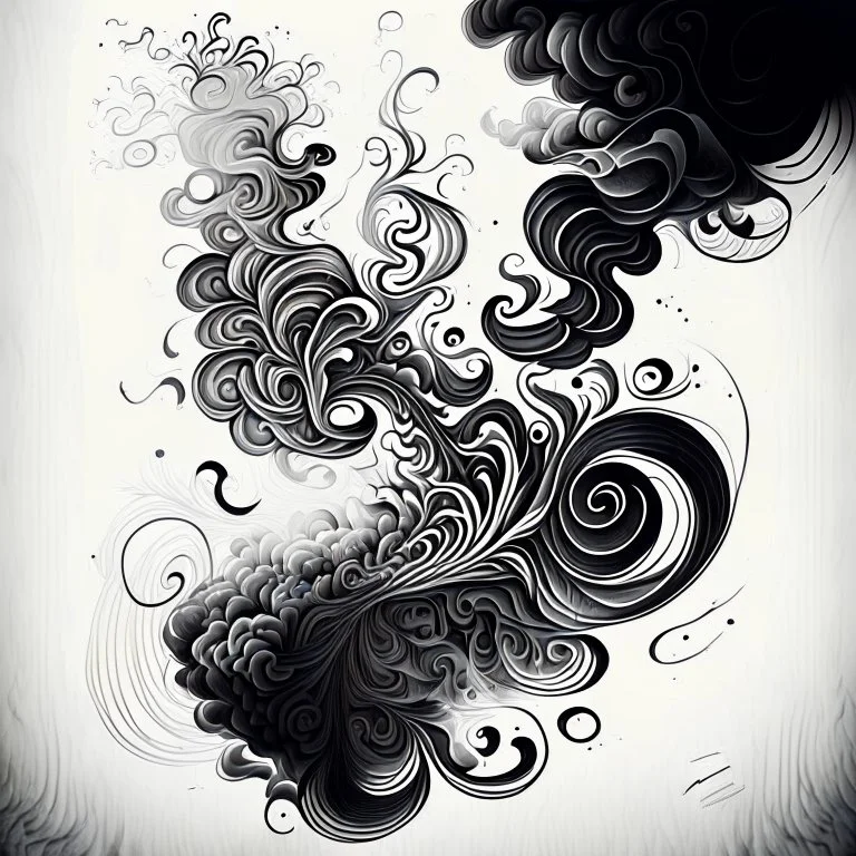 Create a sketch-like composition of swirling smoke forming intricate patterns, postercolur sketch