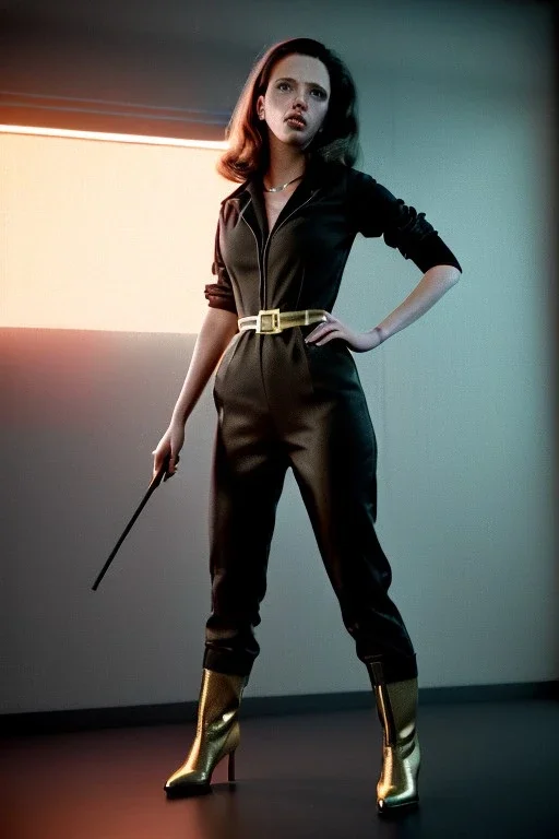 retro portrait image from 1960, New York explosion, long hair, young Scarlett Johansson, classic black tight lycra suit, weapon metal sticks, gold bracelet and belt, high heel boots, soft color, highly detailed, unreal engine 5, ray tracing, RTX, lumen lighting, ultra detail, volumetric lighting, 3d, finely drawn, high definition, high resolution.