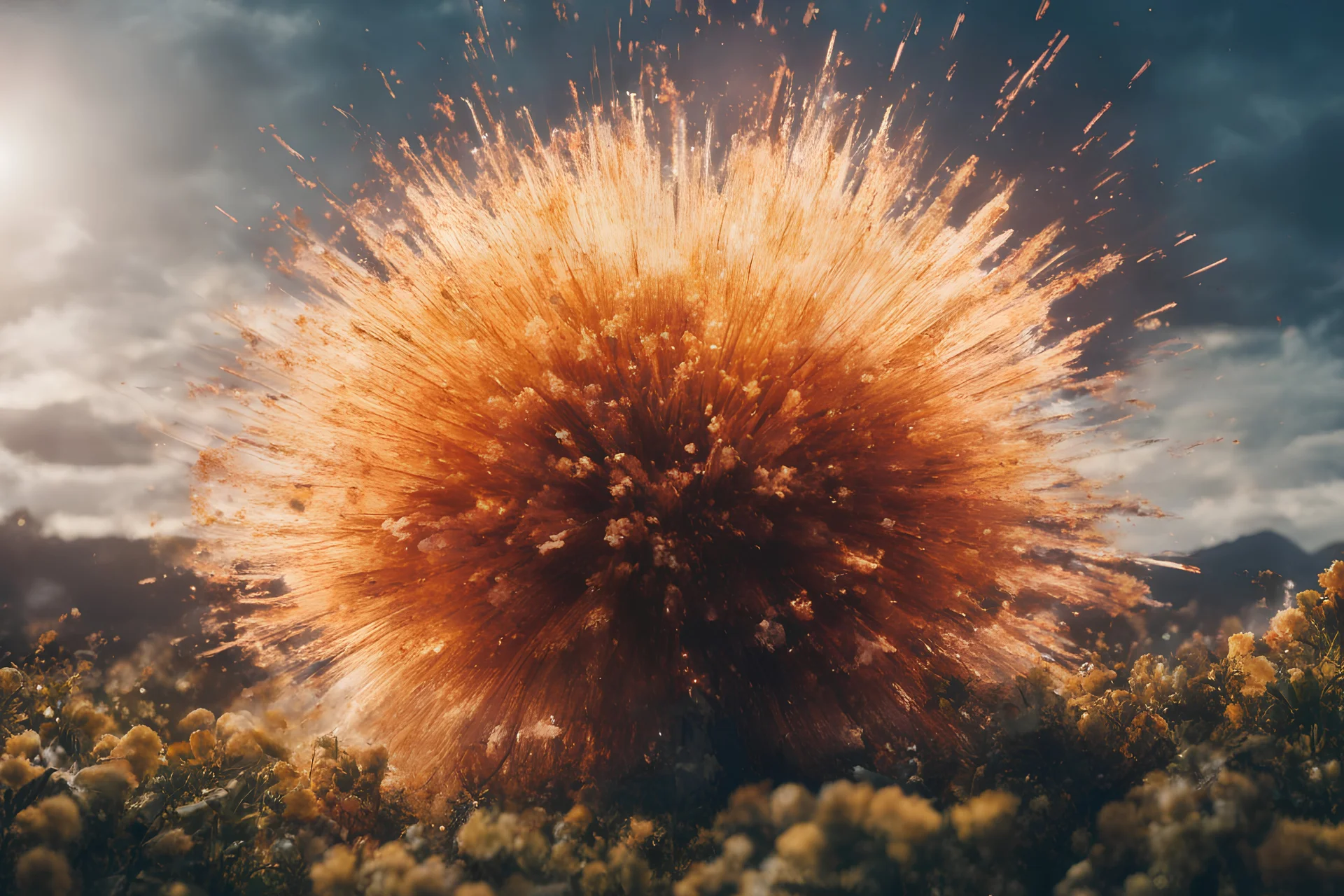 Atomic explosion, made of flowers, ULTRA REALISTIC, details, intricate detail, professional lighting, film lighting, 35mm, anamorphic, lightroom, cinematography, bokeh, lens flare, film grain, hdr10, 8k, Roger Deakins, incredibly detailed, reflect, sharpen