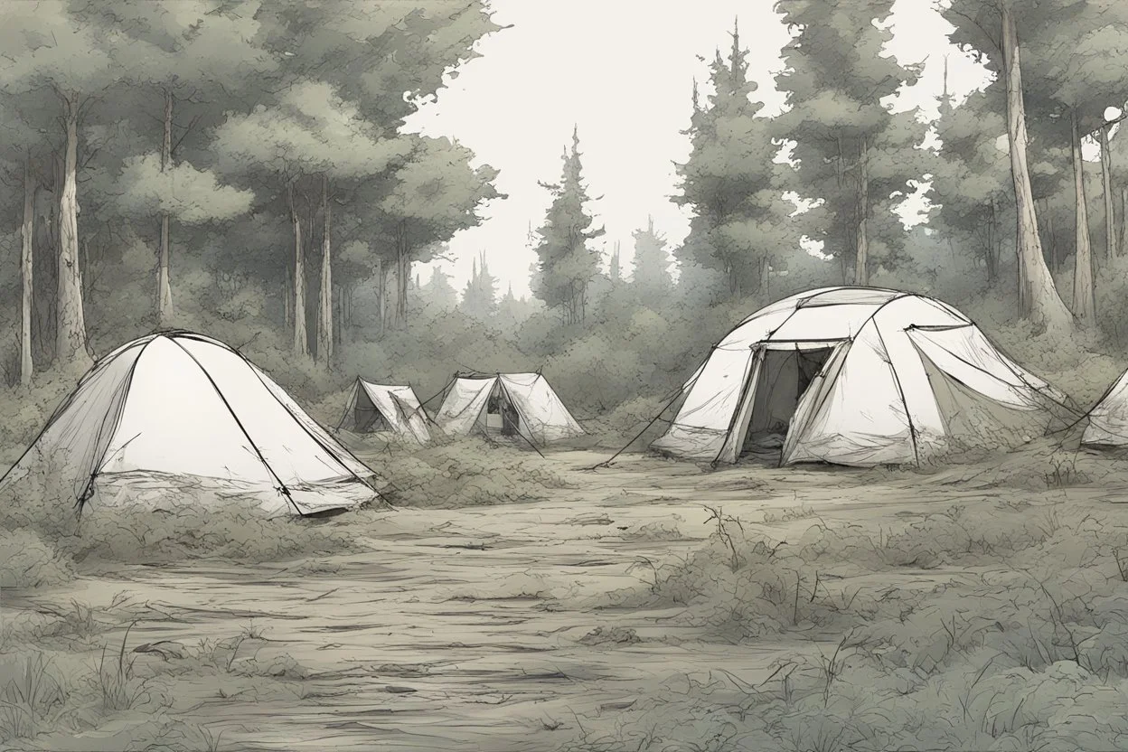 campsite, tents, overgrown, post-apocalyptic, comic book, forest