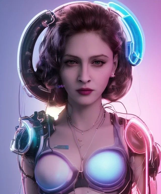 Artist, young madonna, android woman, glow iris, piercings, sweet, gringer, white skin, long eyeliner, purpurin pink cheeks, glossy lips, color leds lights, cables, short hair, circuits, cyberpunk, latex coat, cyber punk, neon, portrait, studio photo, unreal engine 5, soft color, 16 bit, god lights, ray tracing, RTX, lumen lighting, ultra deatail, volumetric lighting, 3d, finely drawn, hd.