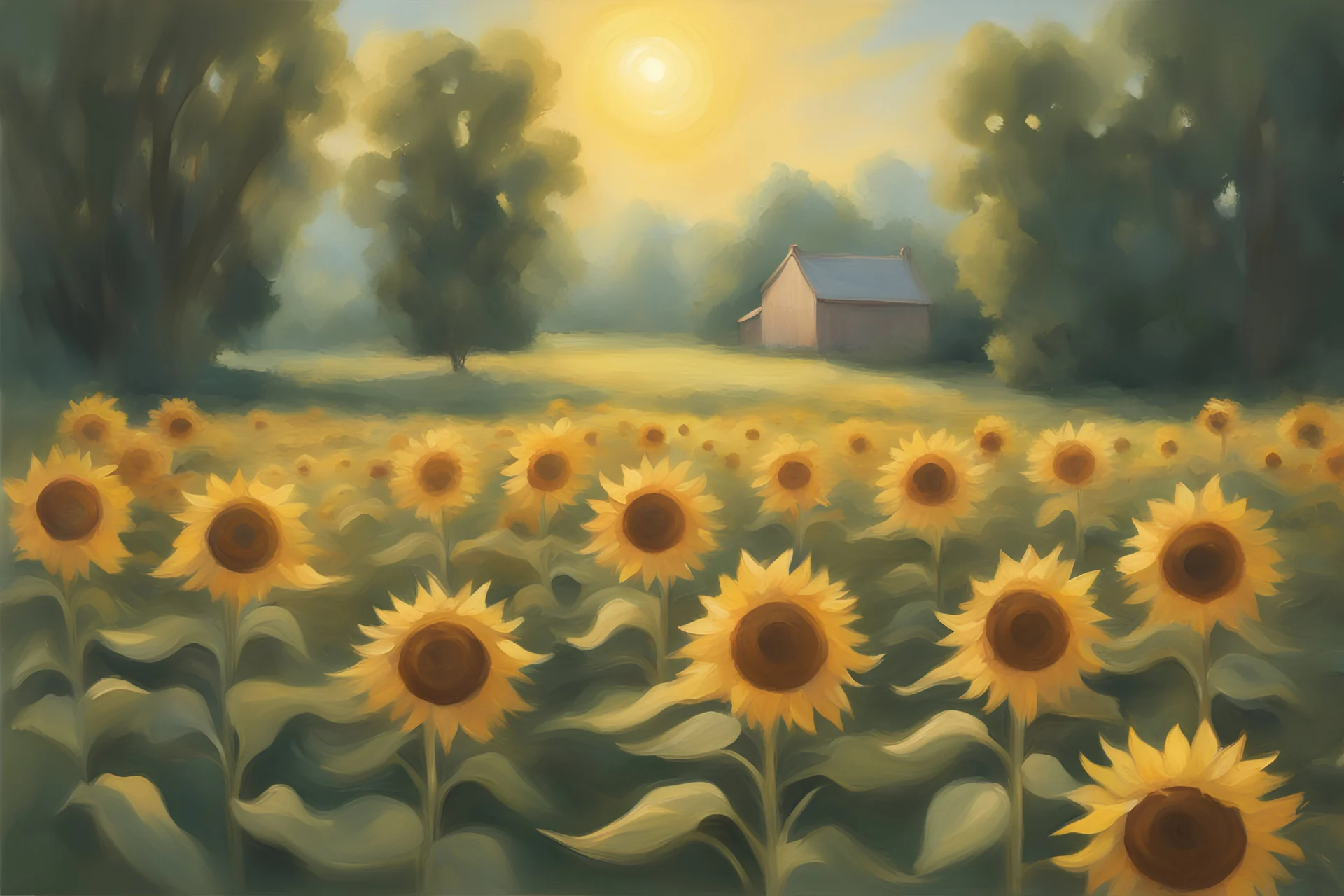 a loose painting of a sunflower field with a bright ray of sunlight hitting one of the flowers, trees around, warm, dreamy, magical ambience, traditional painting